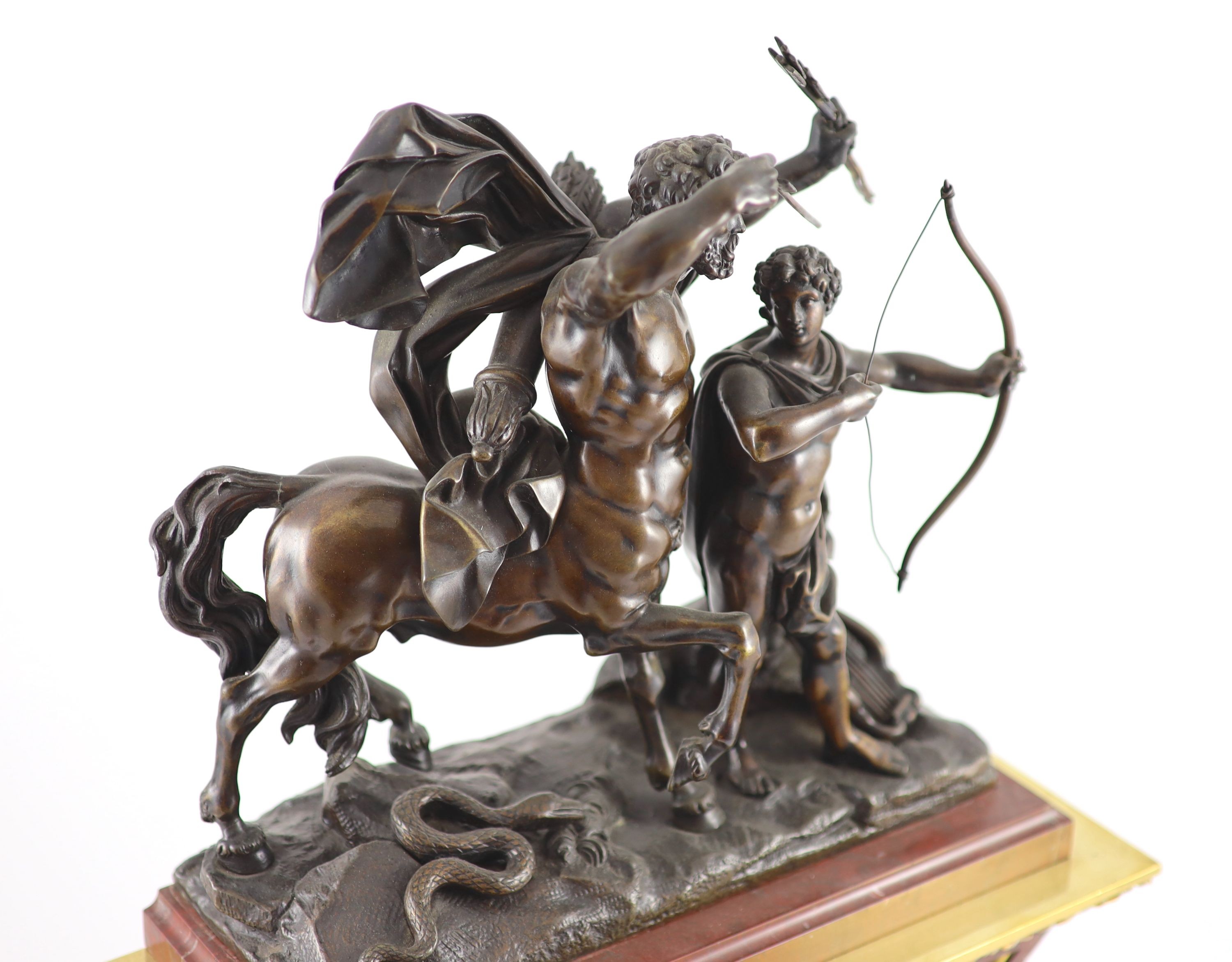 A late 19th century French bronze mounted rouge marble mantel clock, H 53cm. W 34cm.